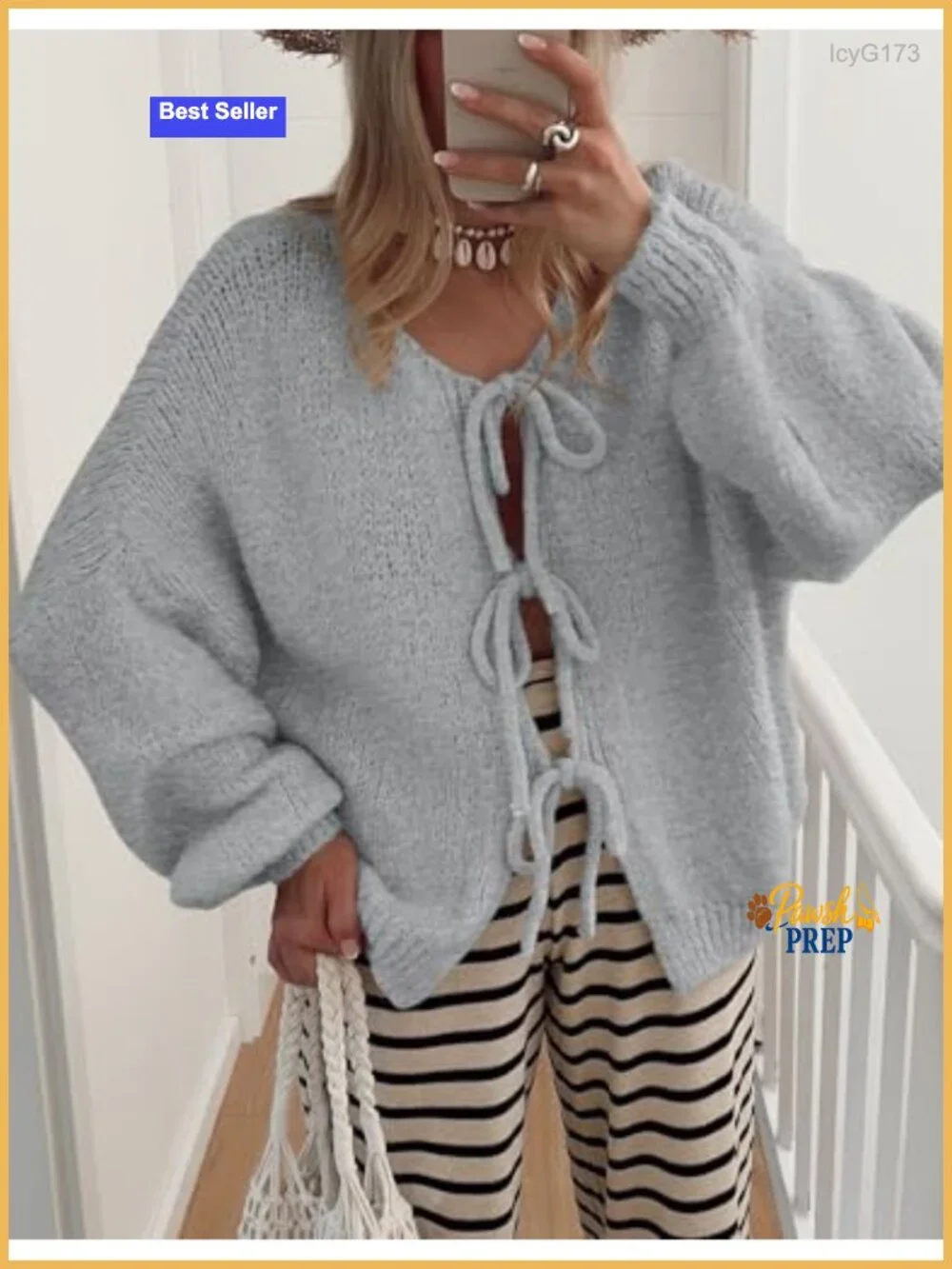 Chunky Cable Knit Tie Front Bow Cardigan, Oversized Puff Sleeve Open Front